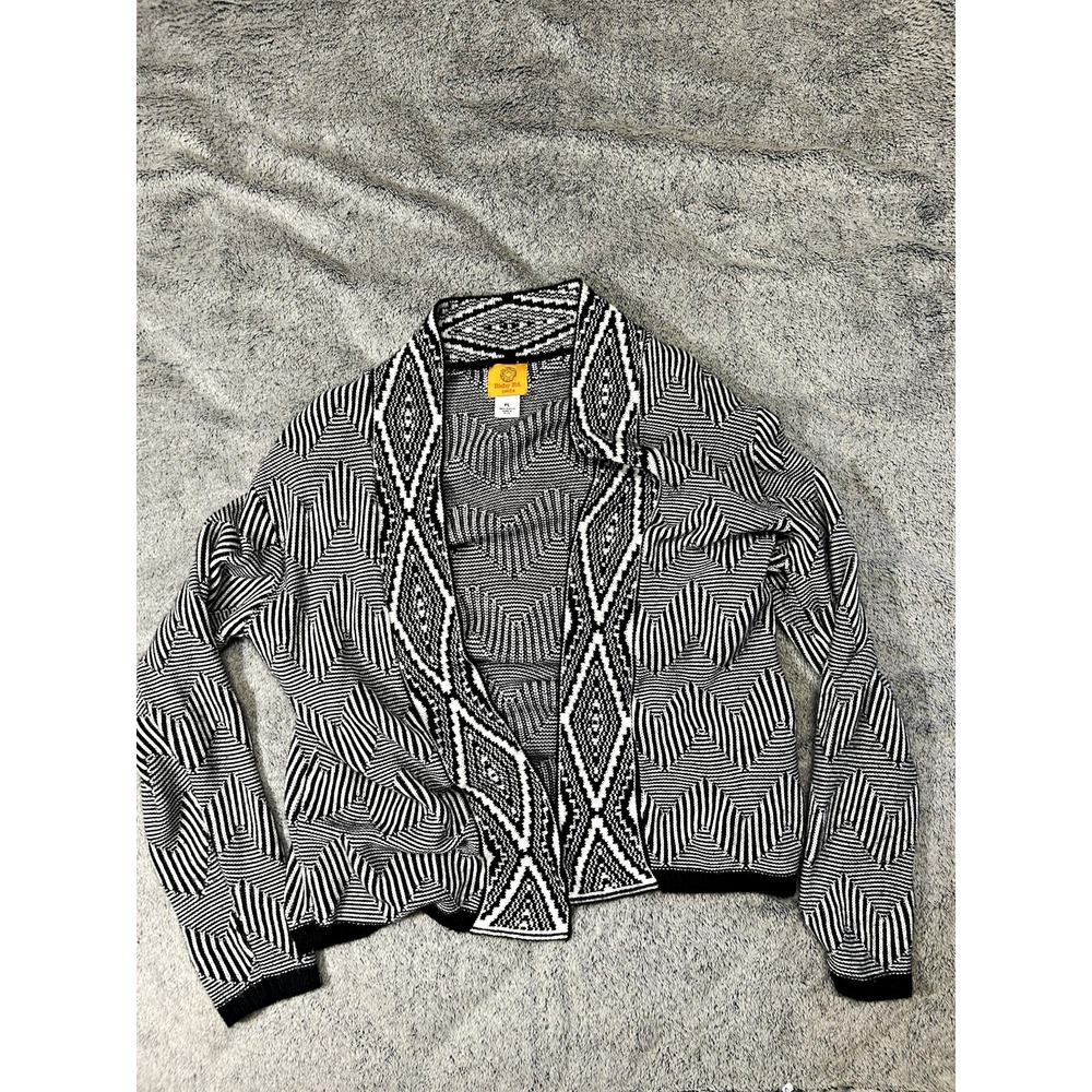 Ruby Rd. Women's Petite PL Black & White Geometric Knit Open Front Cardigan